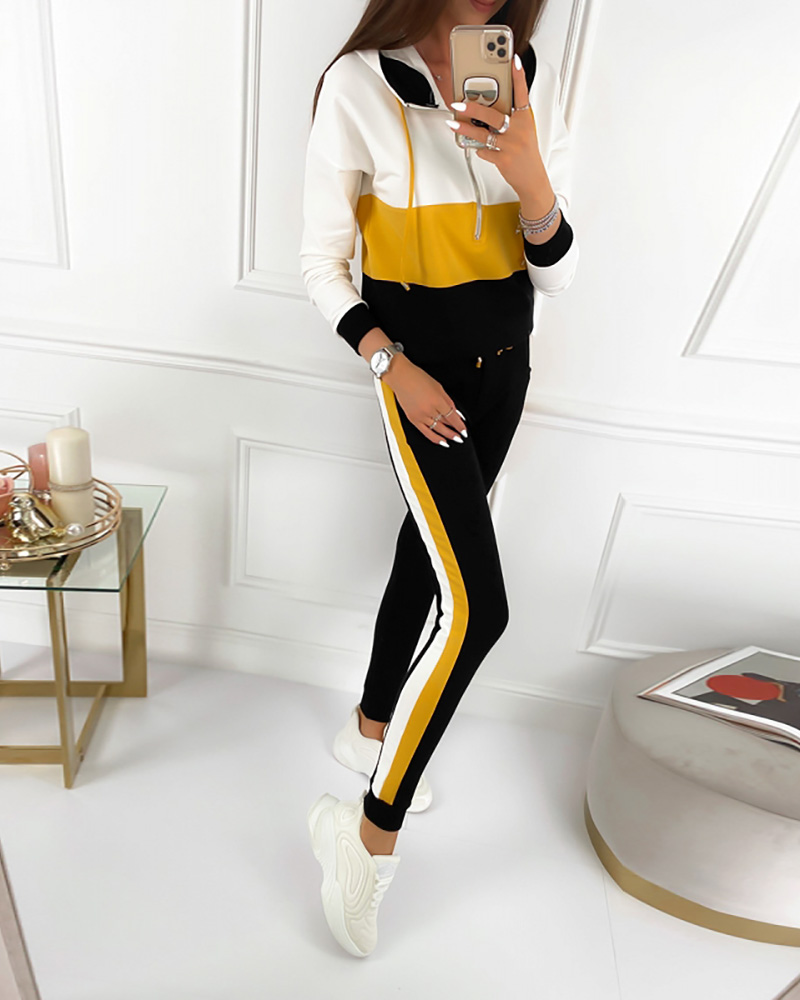 

Colorblock Zipper Design Hooded Top & Drawstring Pants Set, Yellow
