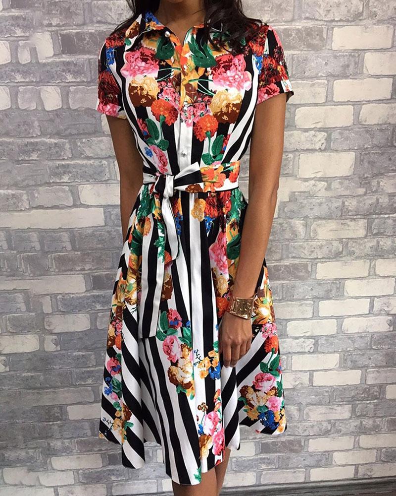 

Striped Floral Print Buttoned Shirt Dress, Multicolor