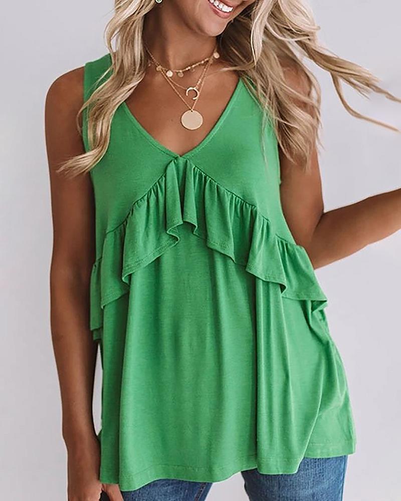 

Ruffles Trim Sleeveless Casual Top, Green