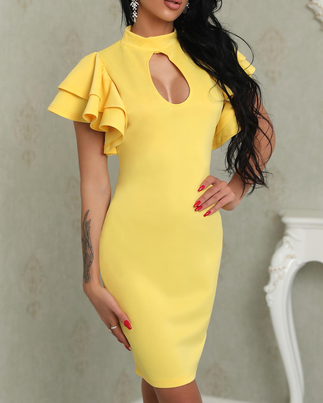 

Flutter Sleeve Hole Design Bodycon Dress, Yellow