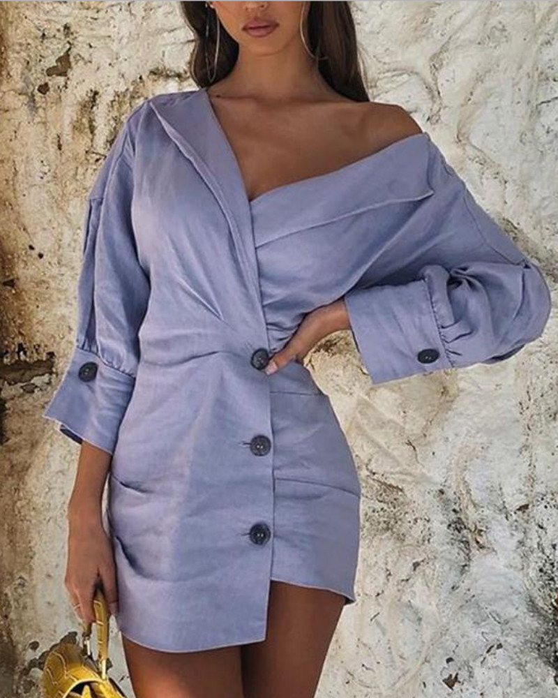 

Asymmetrical Double Breasted Button Mini Dress, Blue