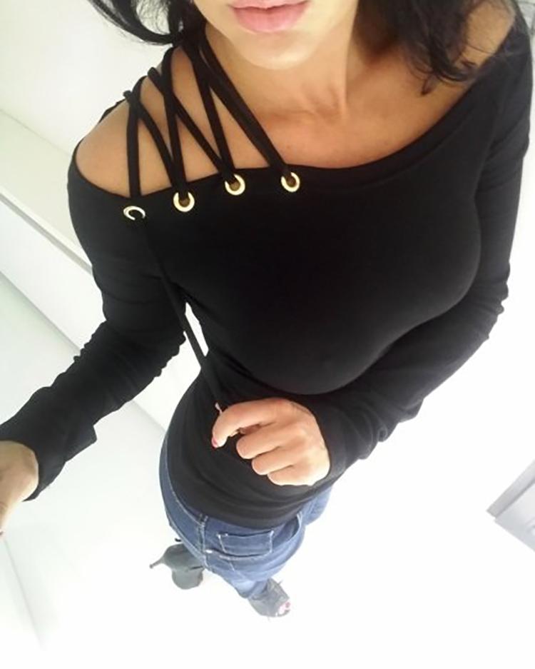 

Casual Lace-Up Eyelet Off Shoulder Blouse, Black