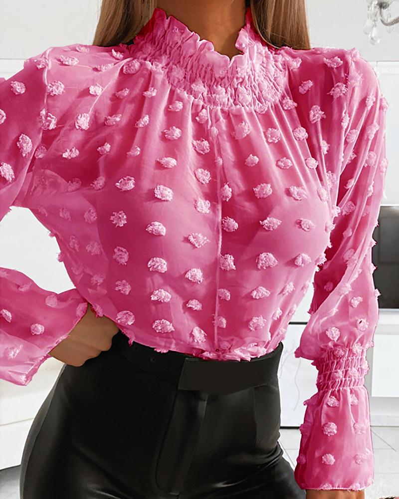 

Swiss Dot Frill Hem Shirring Neck Blouse, Hot pink