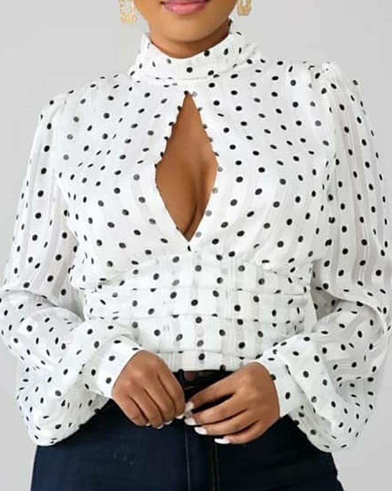 

Keyhole Backless Puff Sleeve Polka Dot Blouse, White