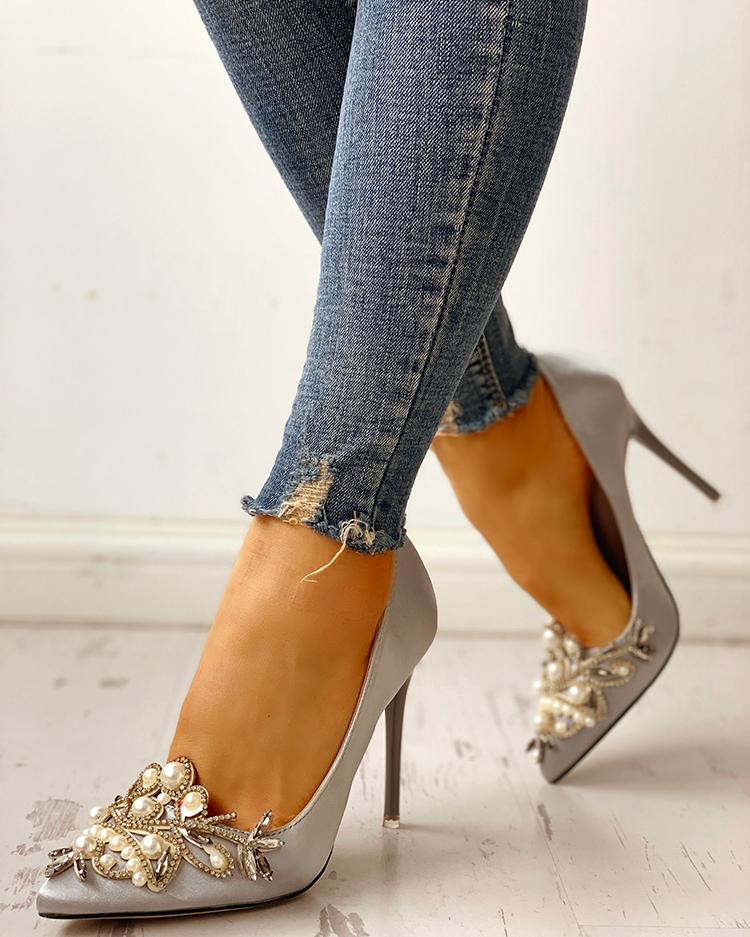 

Faux Pearl Pointed Toe Stiletto Heels, Gray