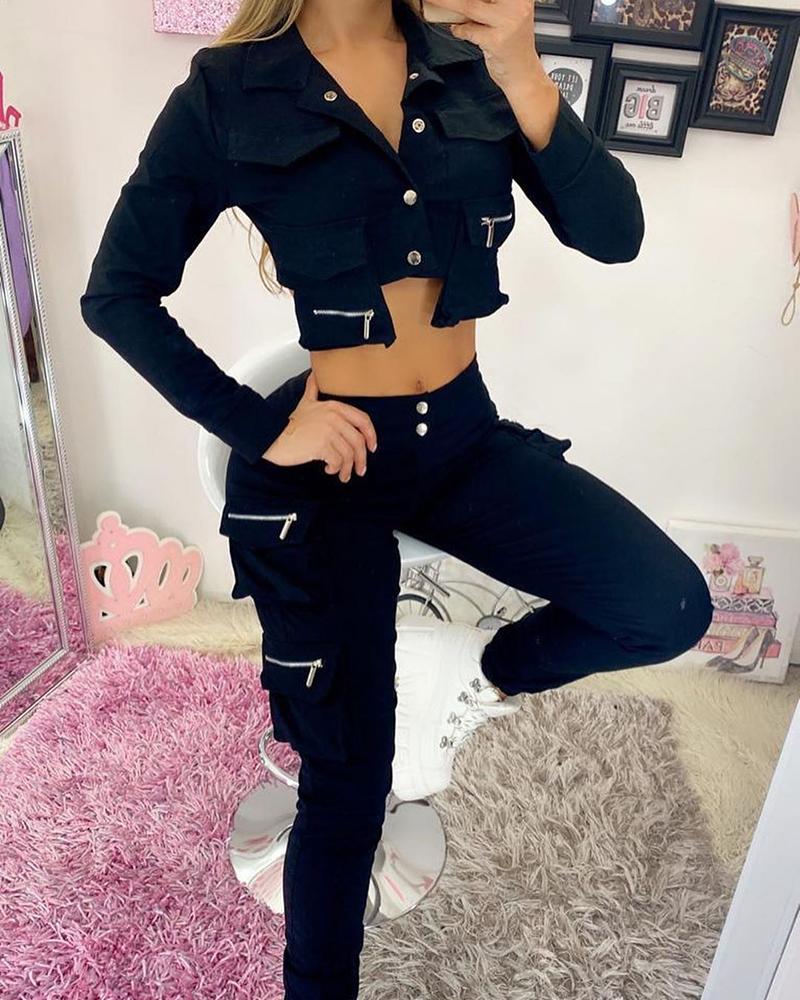 

Plain Buttoned Crop Top & High Waist Cargo Pants Set, Black