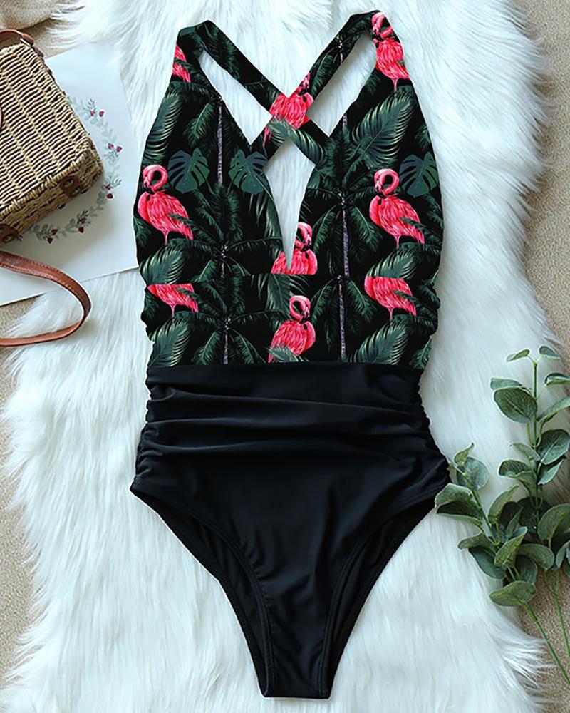 

V Neck Halter One Piece Swimsuit, Black