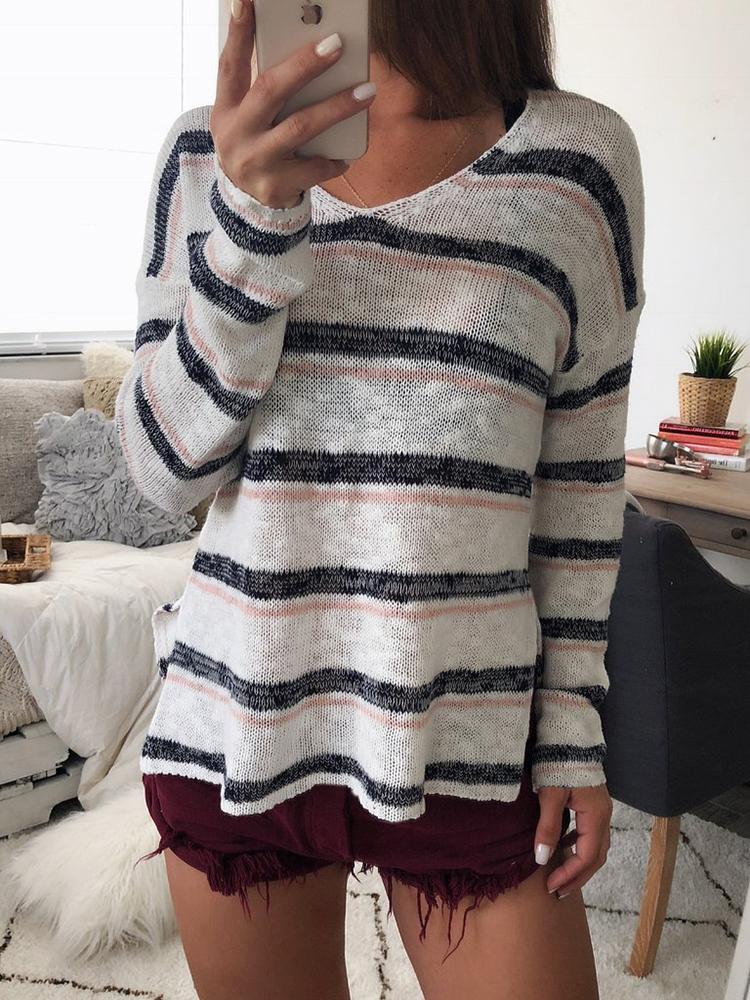 

Contrast Stripes Long Sleeve Side Slit Sweater, White