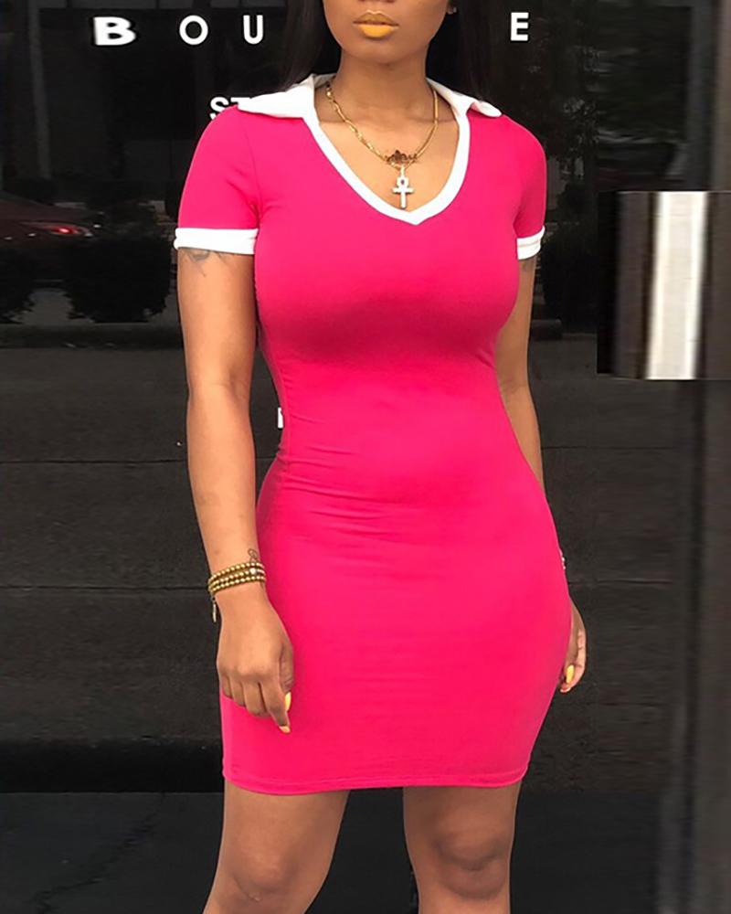 

U-Neck Short Sleeve Mini Dress, Hot pink