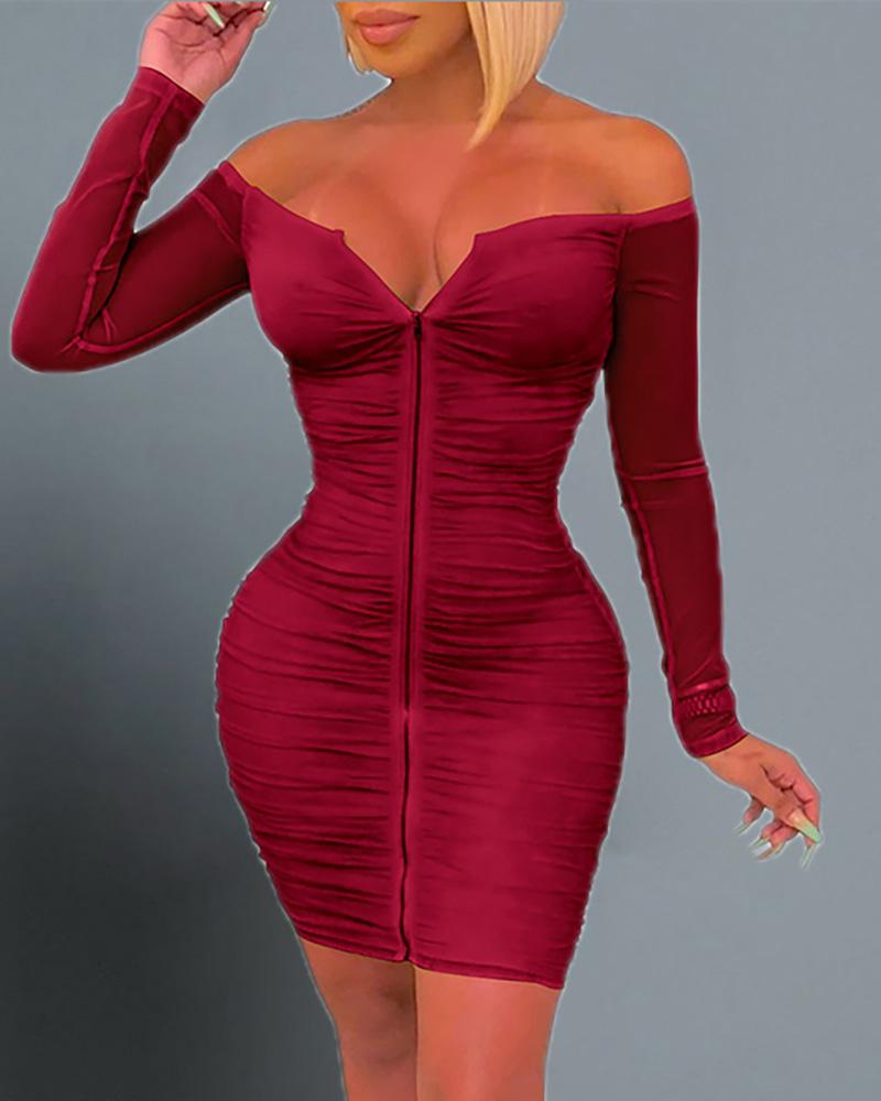 

Off Shoulder Ruched Bodycon Dress, Wine red