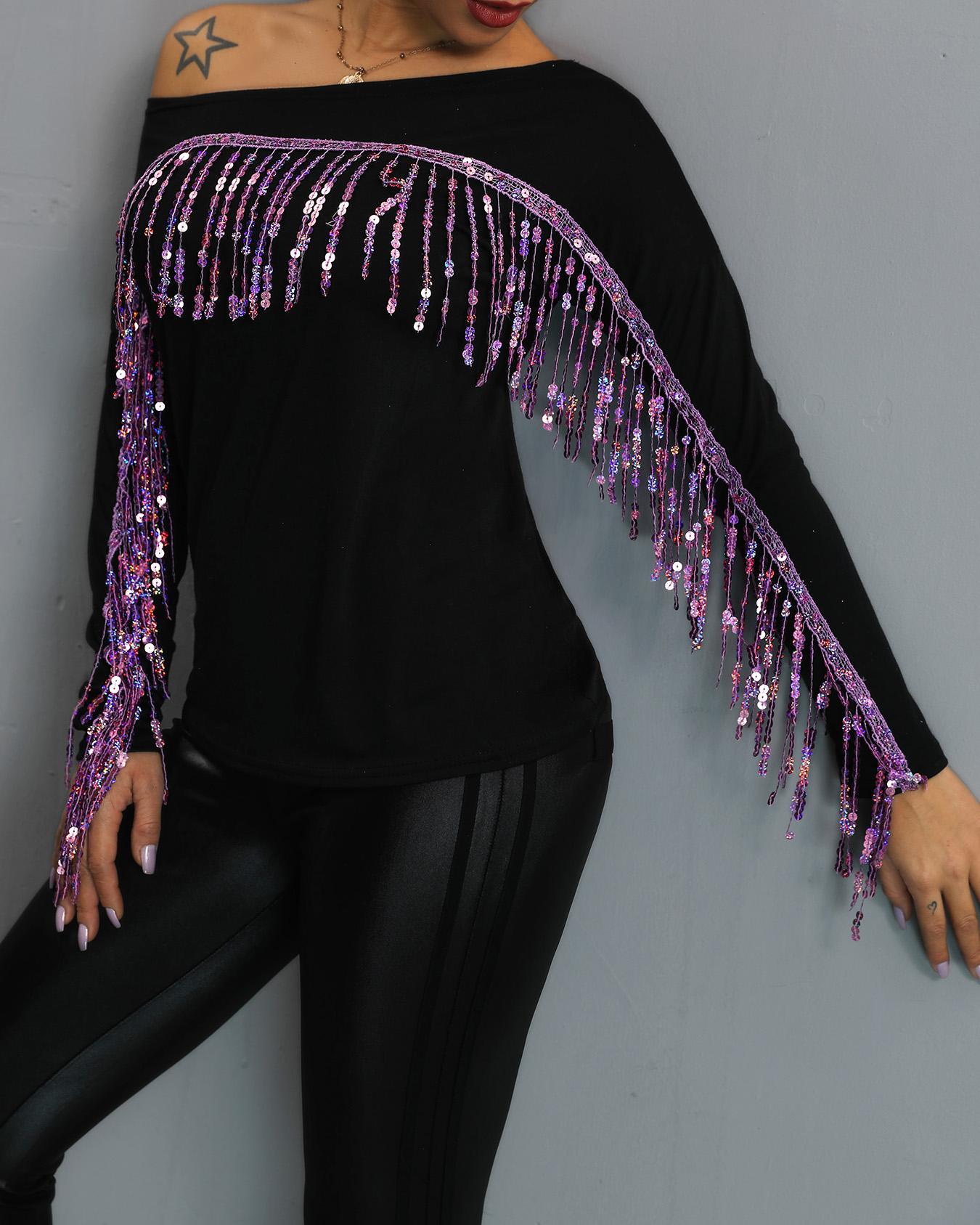 

Sequin Tassel Design Casual Top, Black