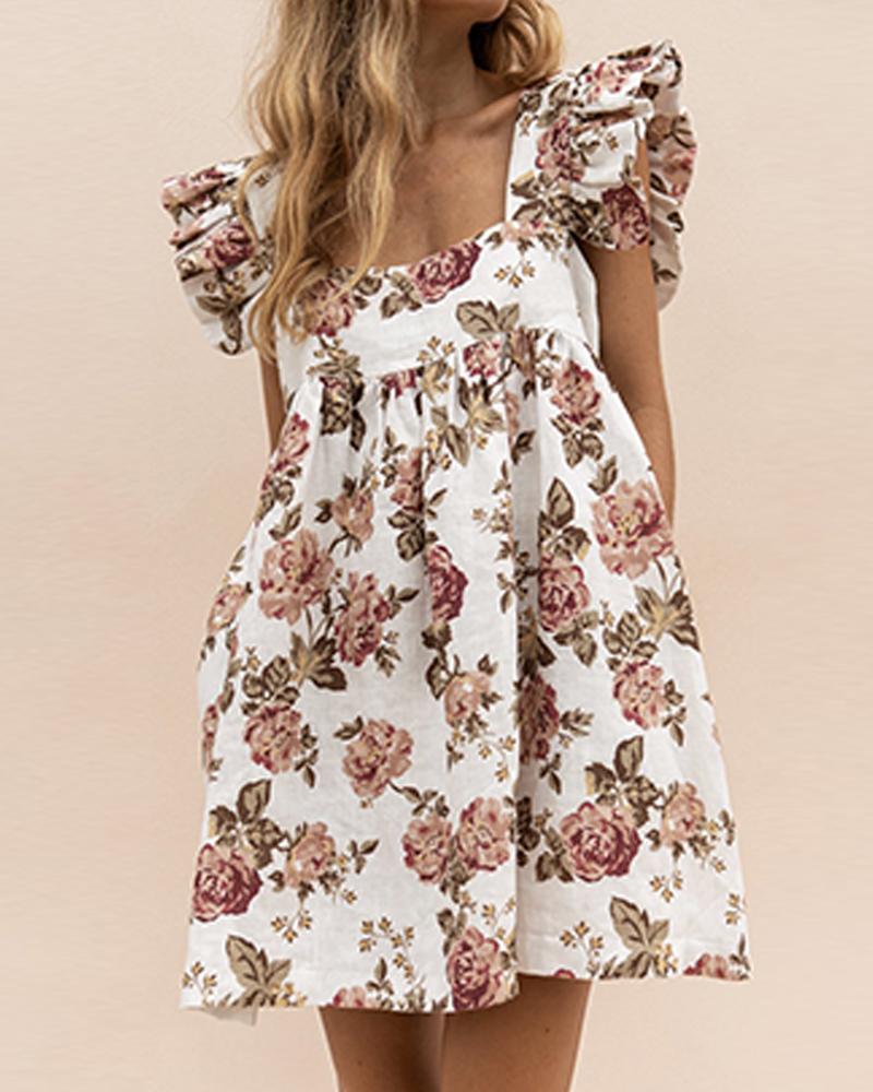 

Floral Square Neck Ruffle Sleeve Dress, White