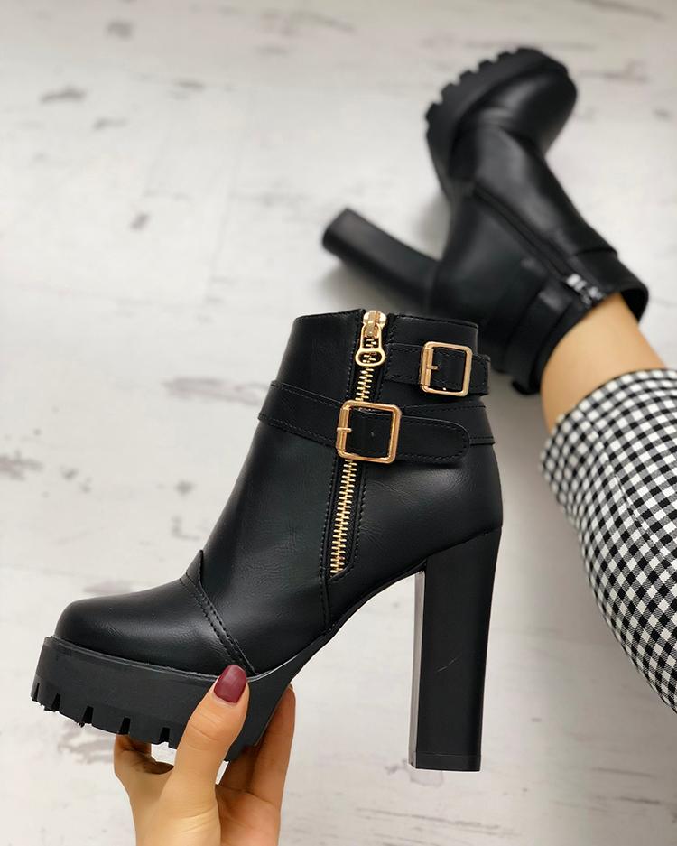 

Metallic Zipper Design Chunky Heeled Boots