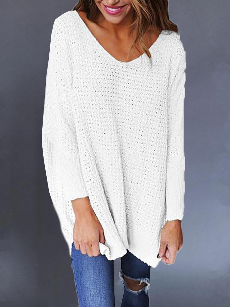 

Solid V-Neck Hollow Out Casual Sweater, White