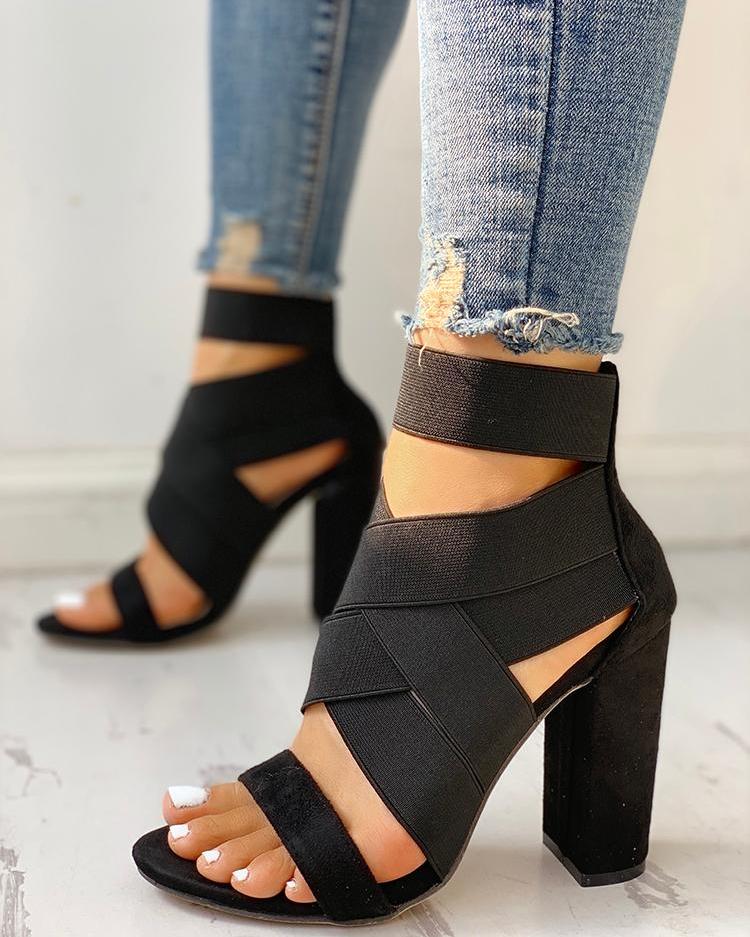 

Bandage Crisscross Chunky Heeled Sandals, Black