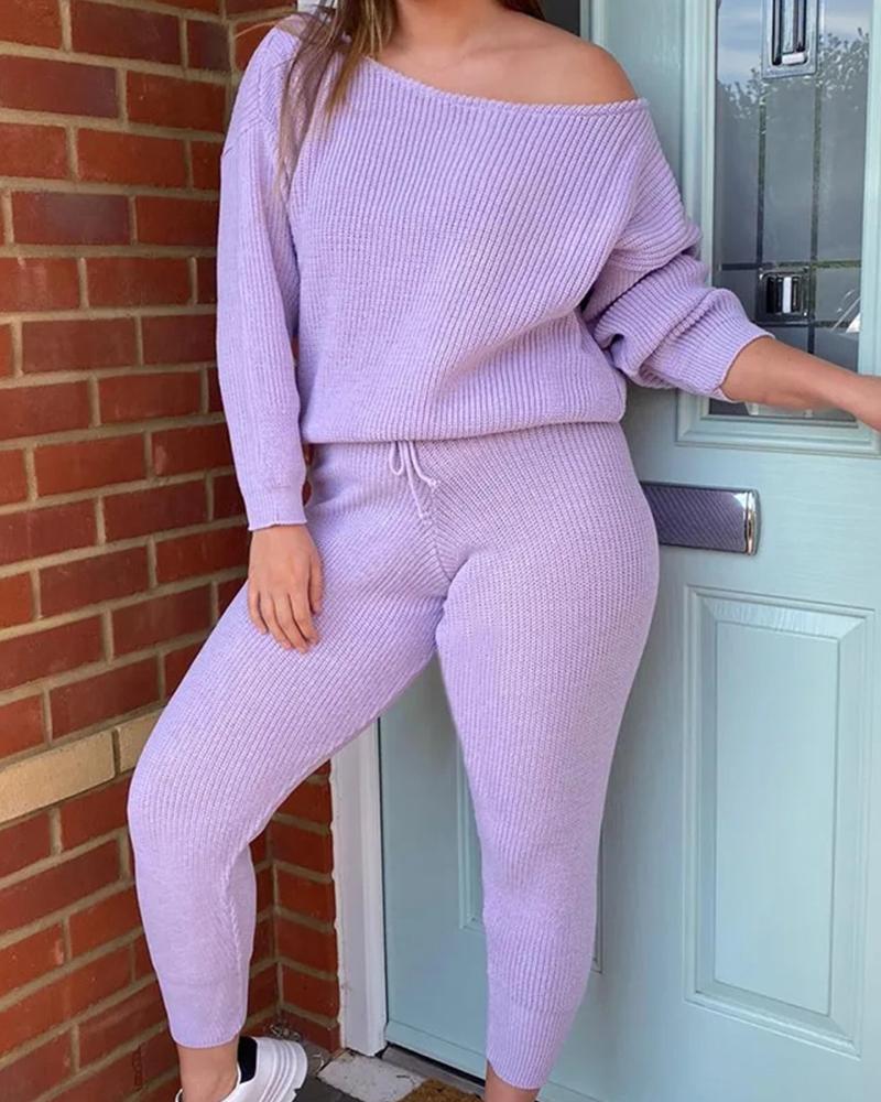 

Solid Knit Top & Drawstring Pants Sets, Purple