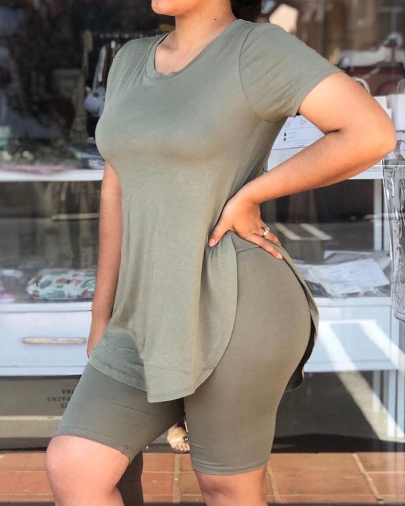 

Short Sleeve Slit Top & Shorts Set, Army green