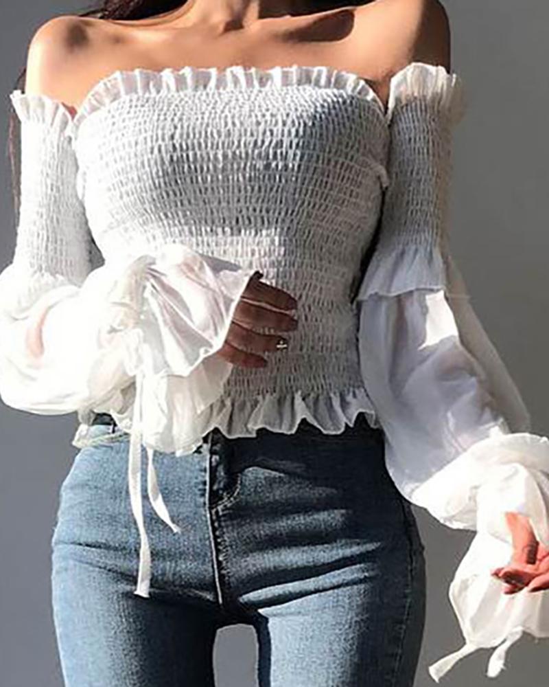 

Off Shoulder Ruched Frill Hem Shirred Top, White