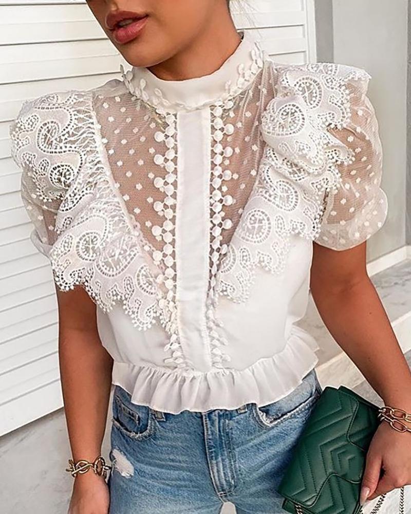 

Crochet Lace Sheer Mesh Puff Sleeve Blouse, White