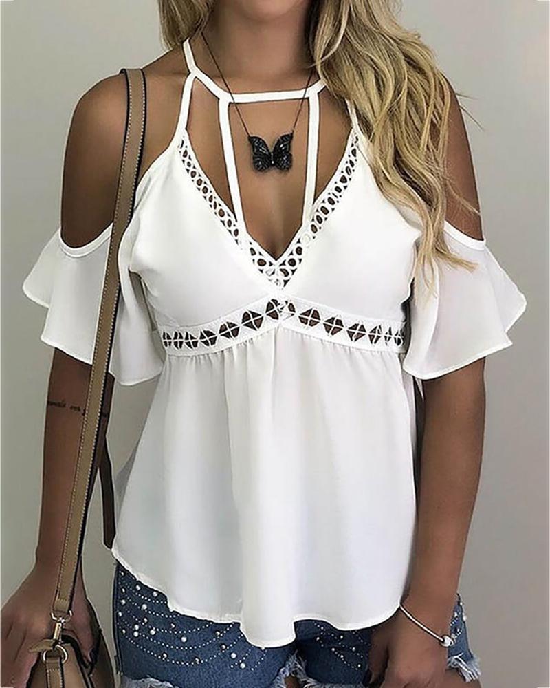 

Cold Shoulder Hollow Out Casual Blouse, White