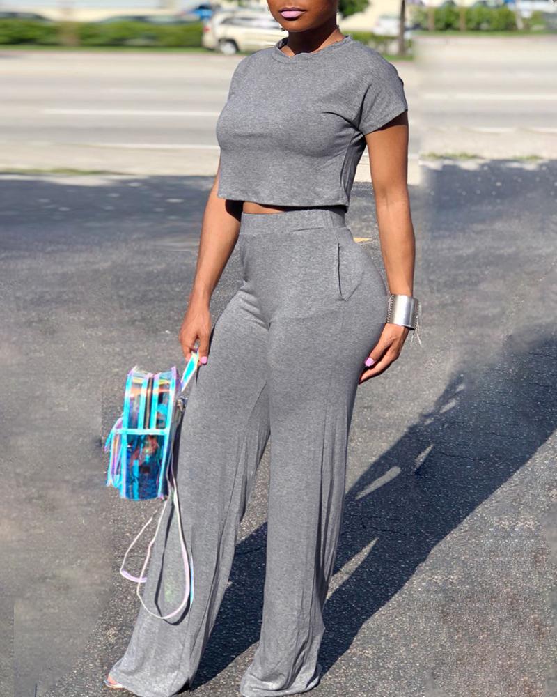 

Short Sleeve Crop Top & Pant Sets, Gray