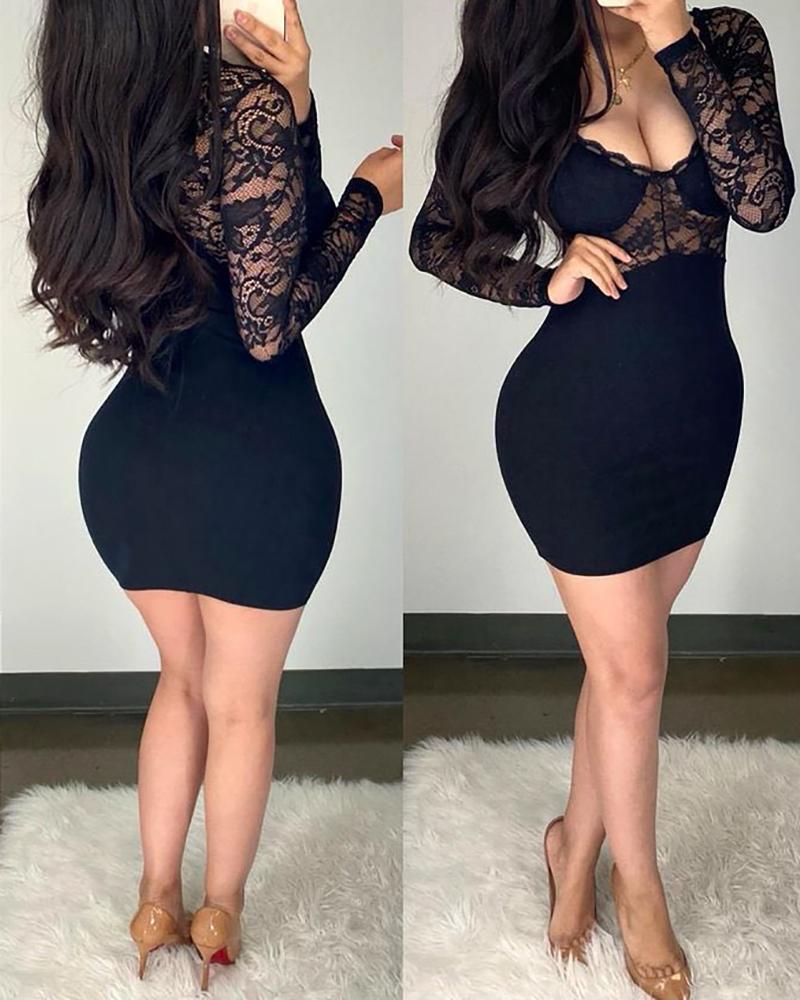 

Eyelash Lace Long Sleeve Bodycon Dress, Black
