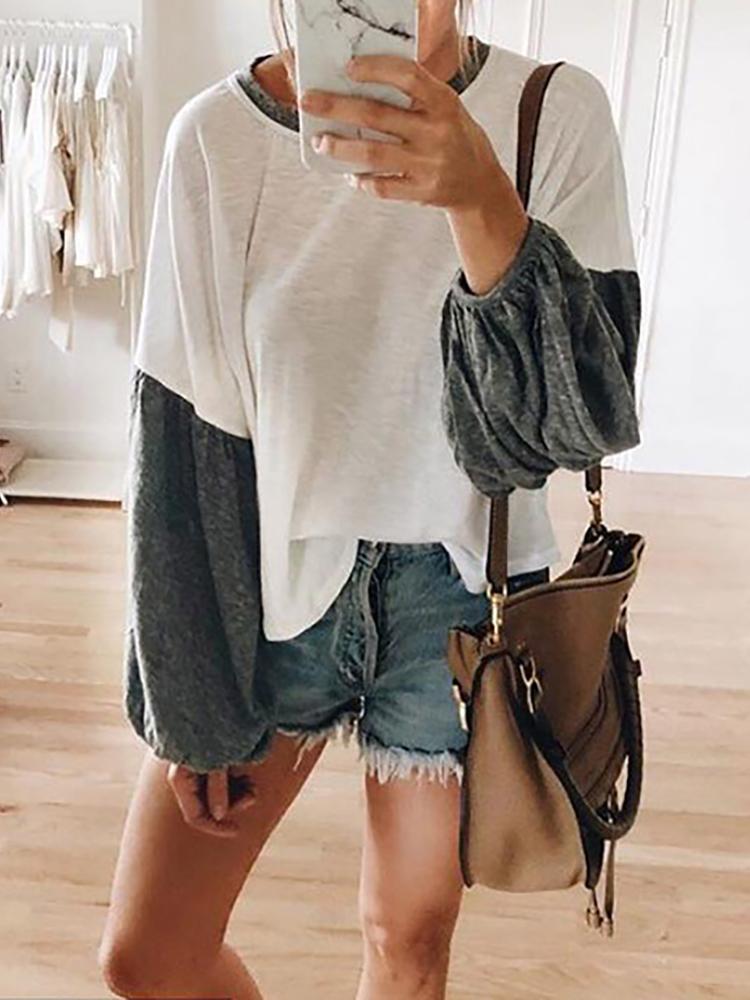 

Lantern Sleeve Colorblock Panel Top, White