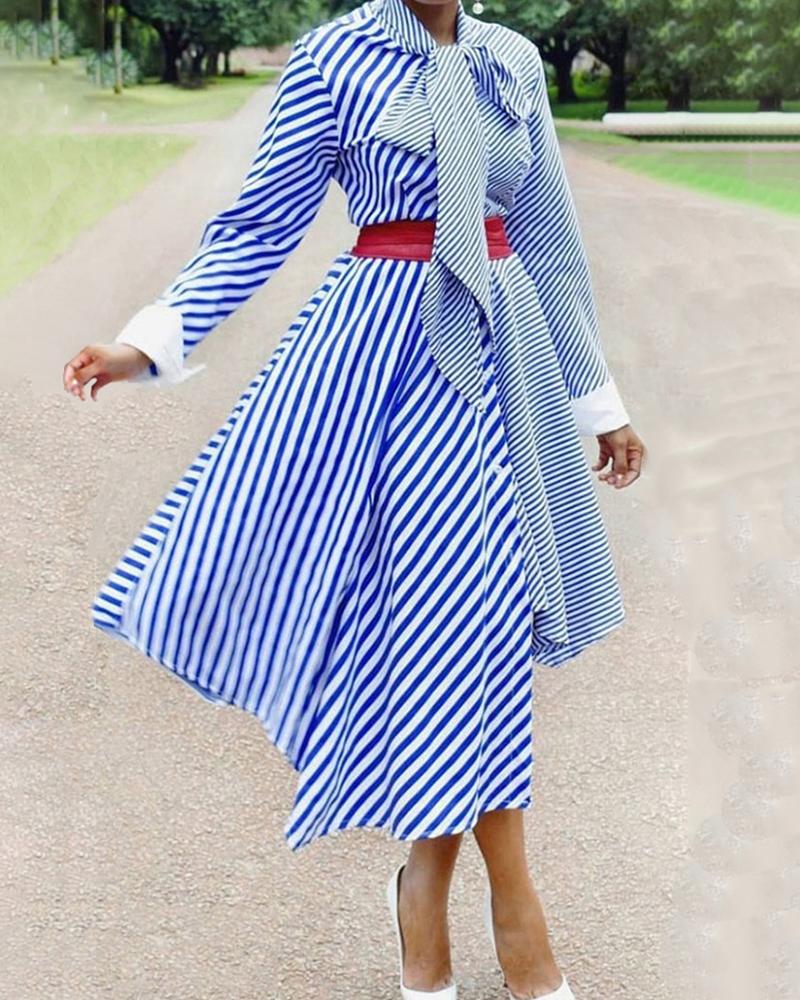 

Striped Insert Tied Neck Irregular Shirt Dress, Blue