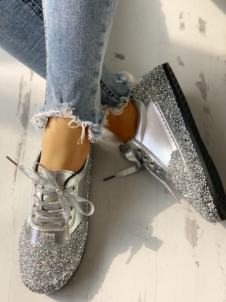 

Sequins Embellished Lace-Up Sneakers, Silver