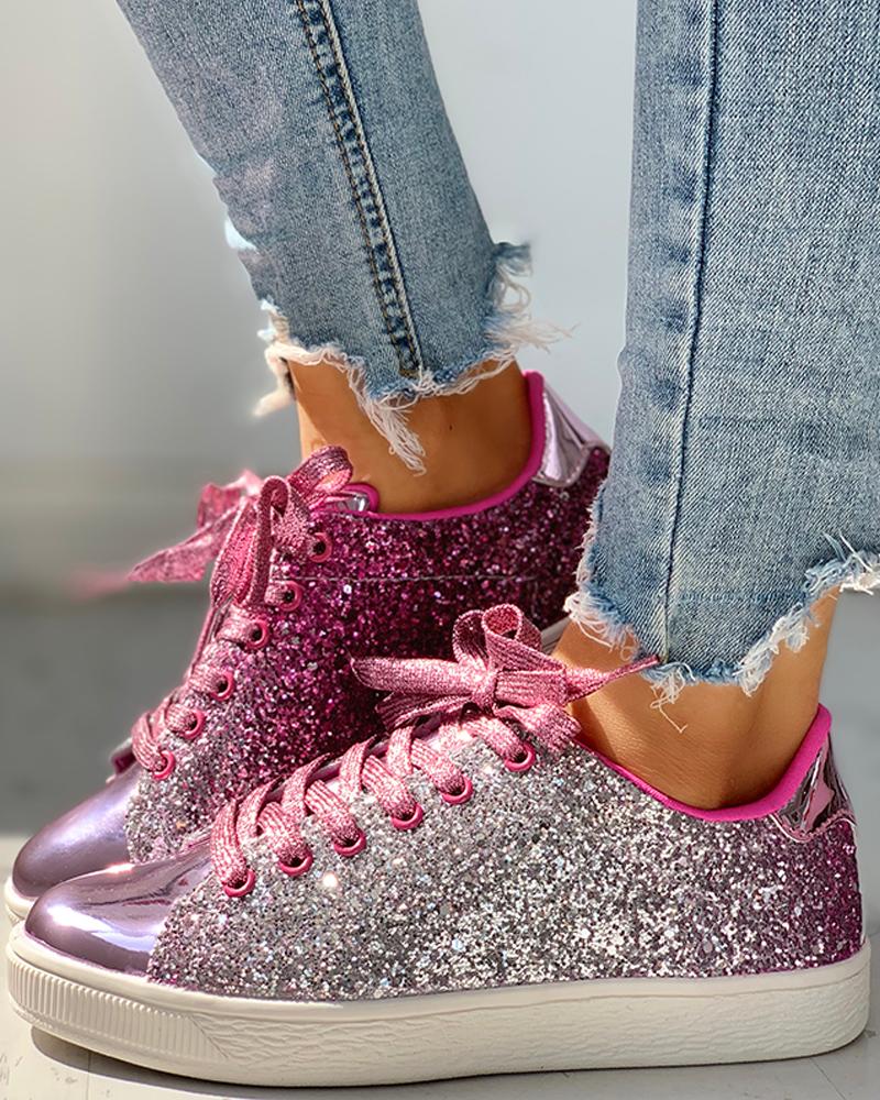 

Glitter Sequins Eyelet Lace-up Sneakers, Hot pink