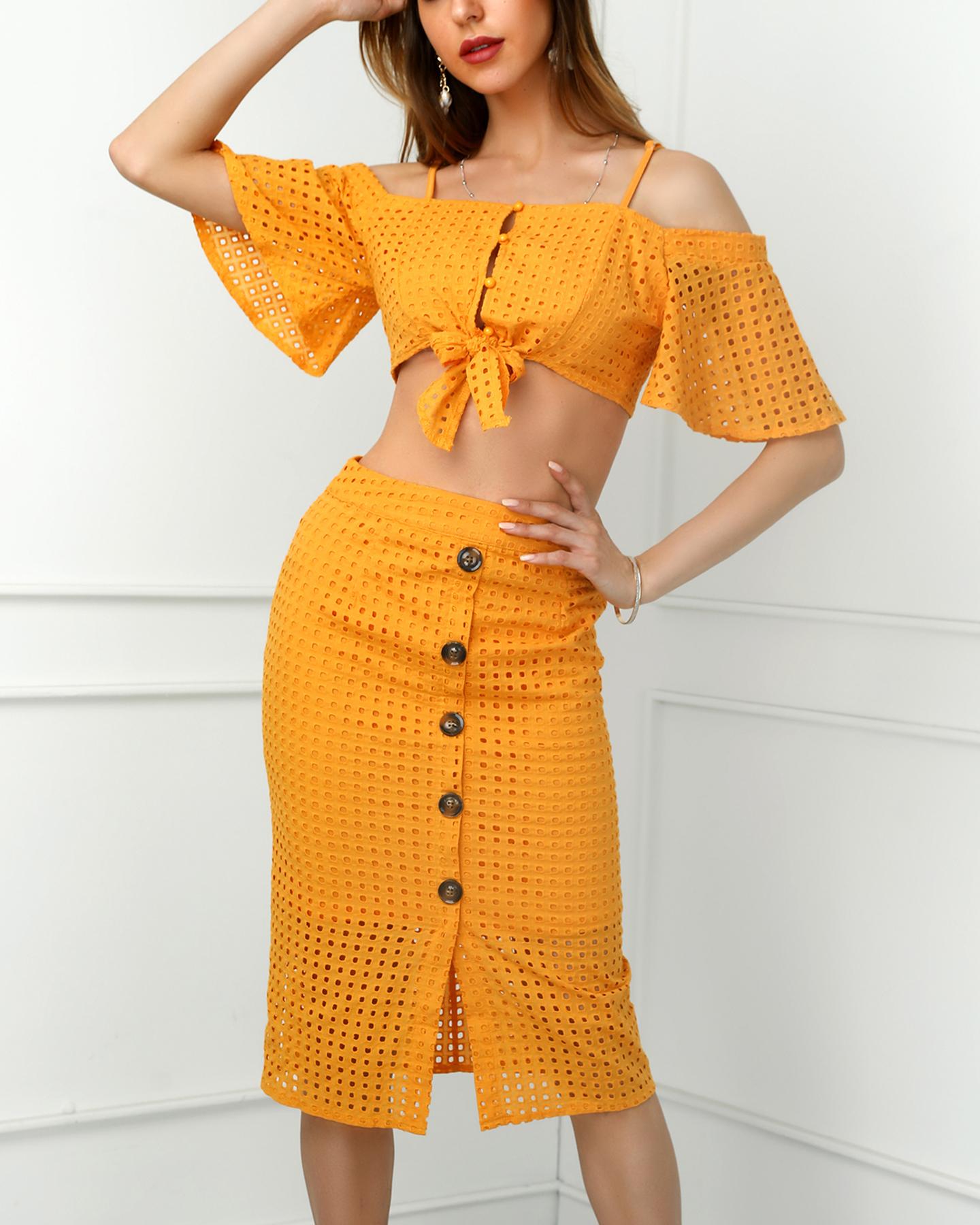 

Hollow Out Bell Sleeve Knot Top & Skirt Set, Yellow