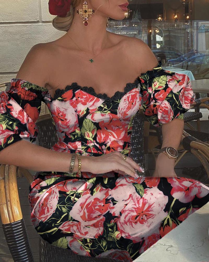 

Floral Print Lace Trim Midi Dress, Multicolor