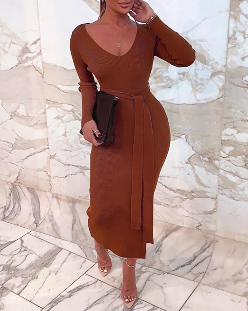 

Plain Sild Slit Plunge Long Sleeve Dress, Brown