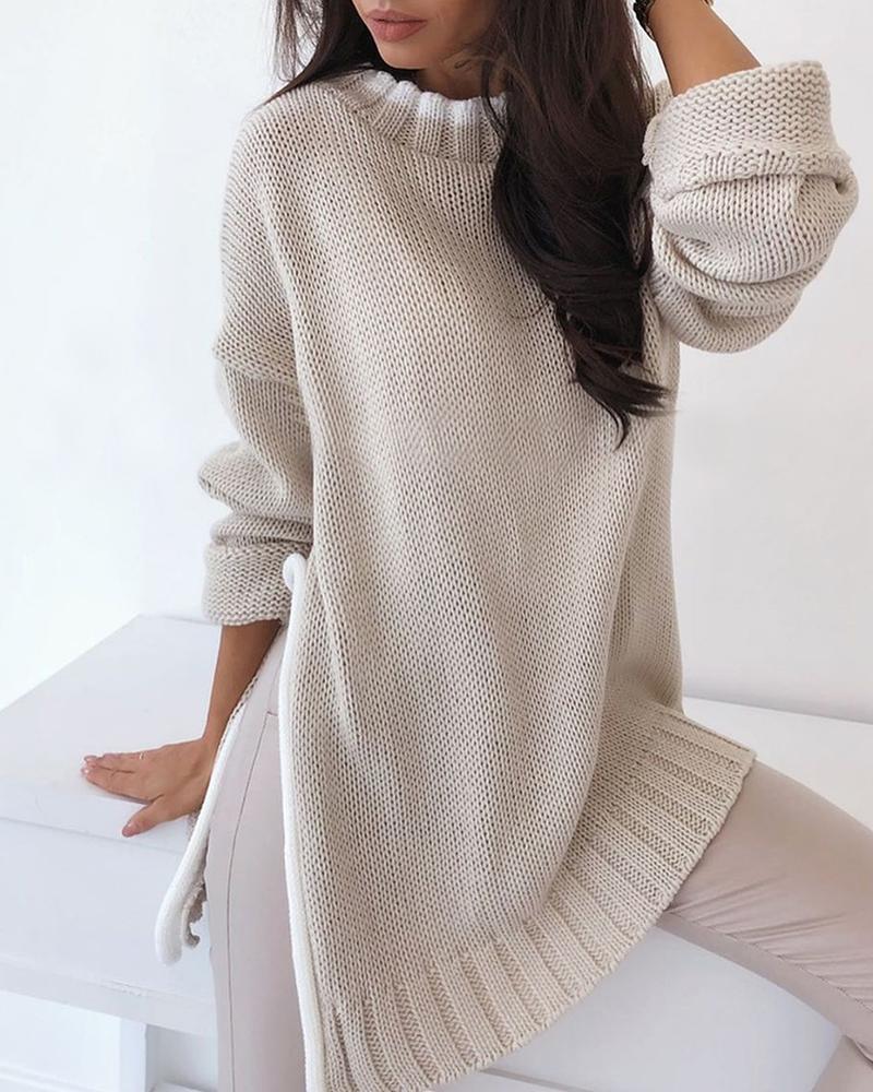 

Round Neck Side Slit Long Sleeve Sweater, Beige