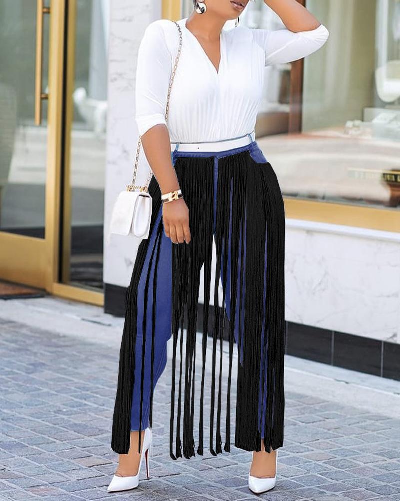 

Tassels Design Slimming Jeans, Dark blue