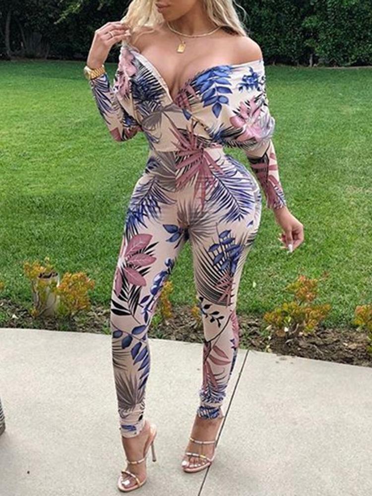 

Slinky Leaf Print Off Shoulder Jumpsuit, Multicolor