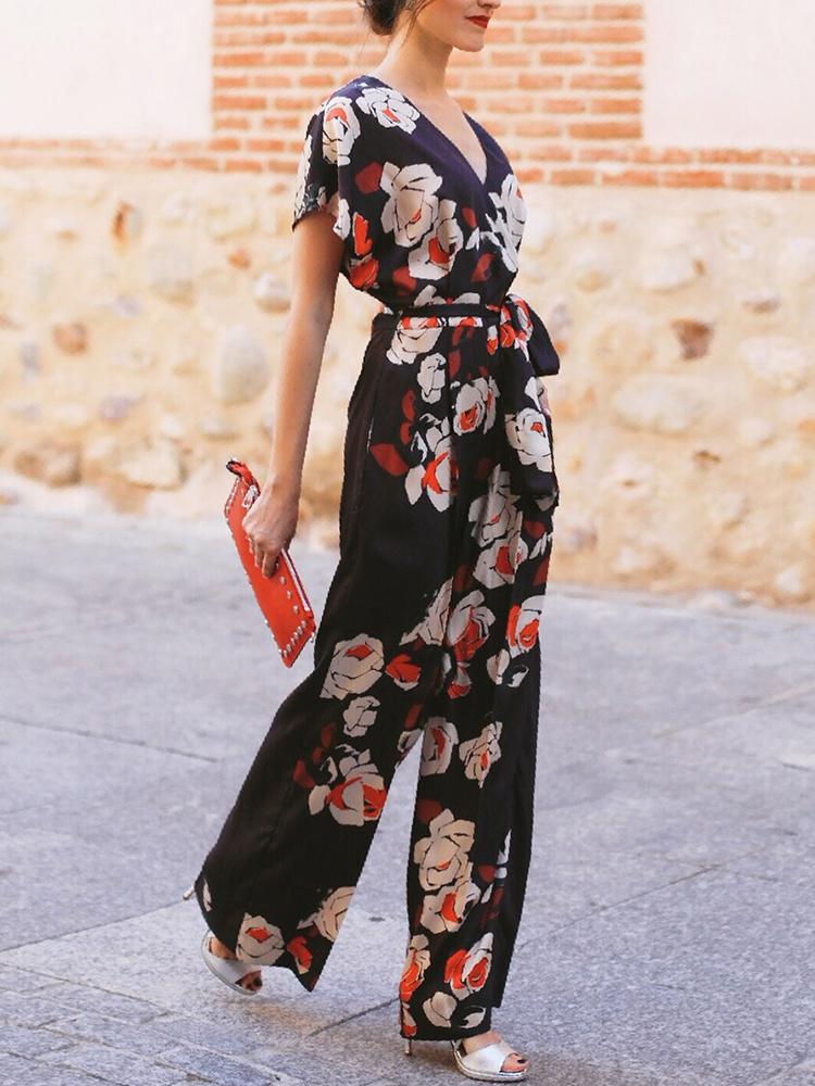 

Floral Print V Neck Tied Waist Jumpsuit