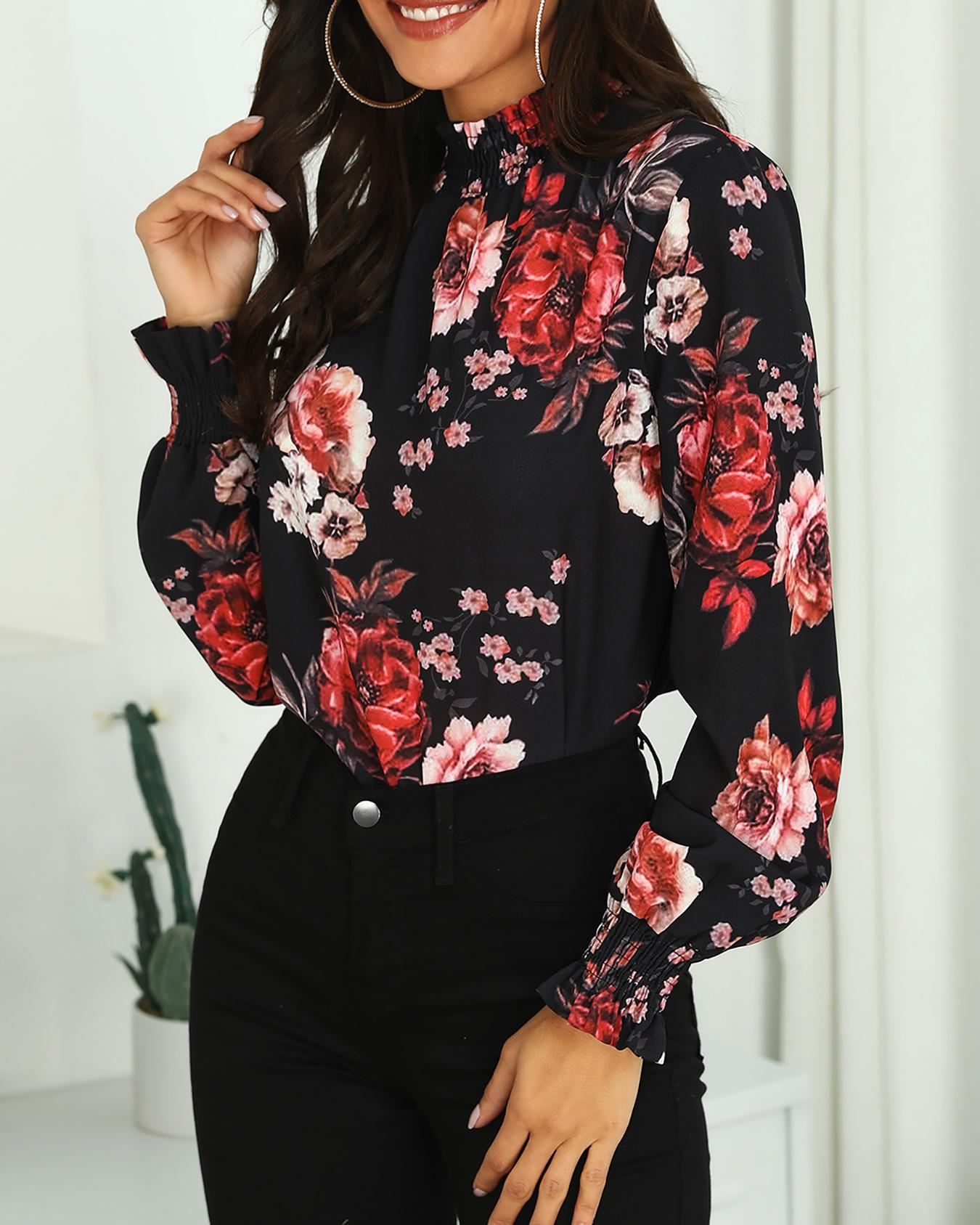 

Allover Floral Print Long Sleeve Blouse, Black