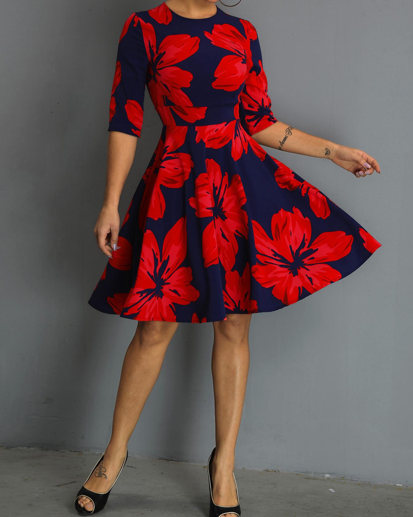 

Floral Print Ruched Design Midi Dress, Red