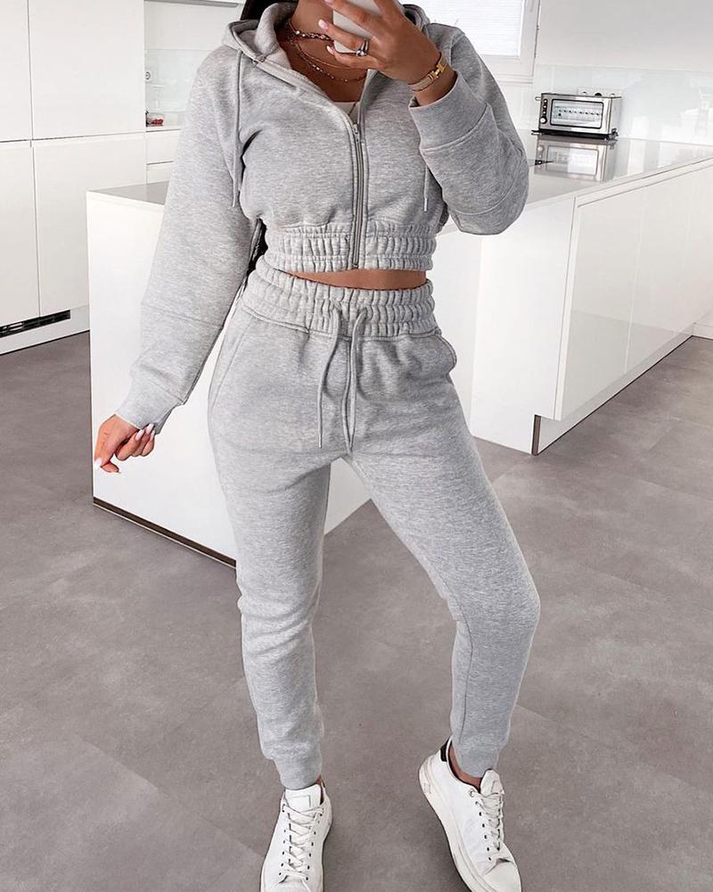 

Zip Front Hooded Top & Drawstring Pants Set, Gray