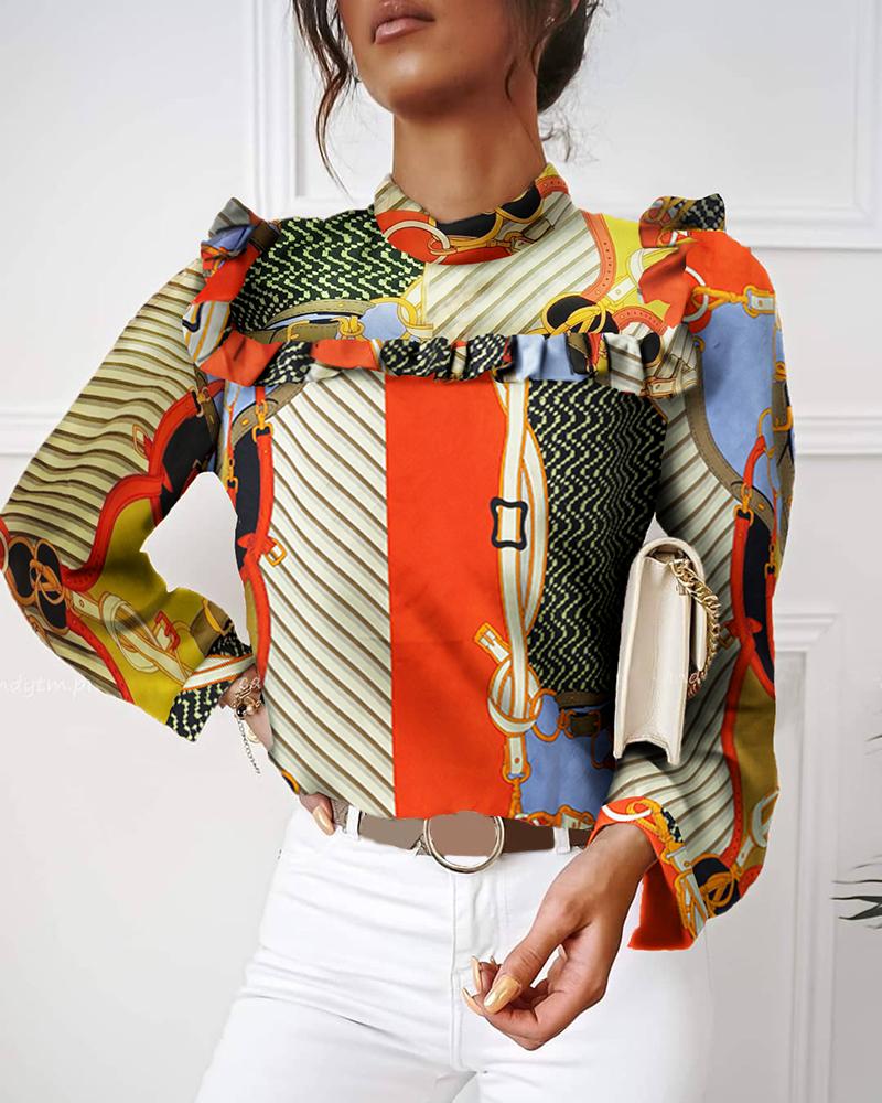

Scarf Print Ruffles Cutout Long Sleeve Top, Multicolor