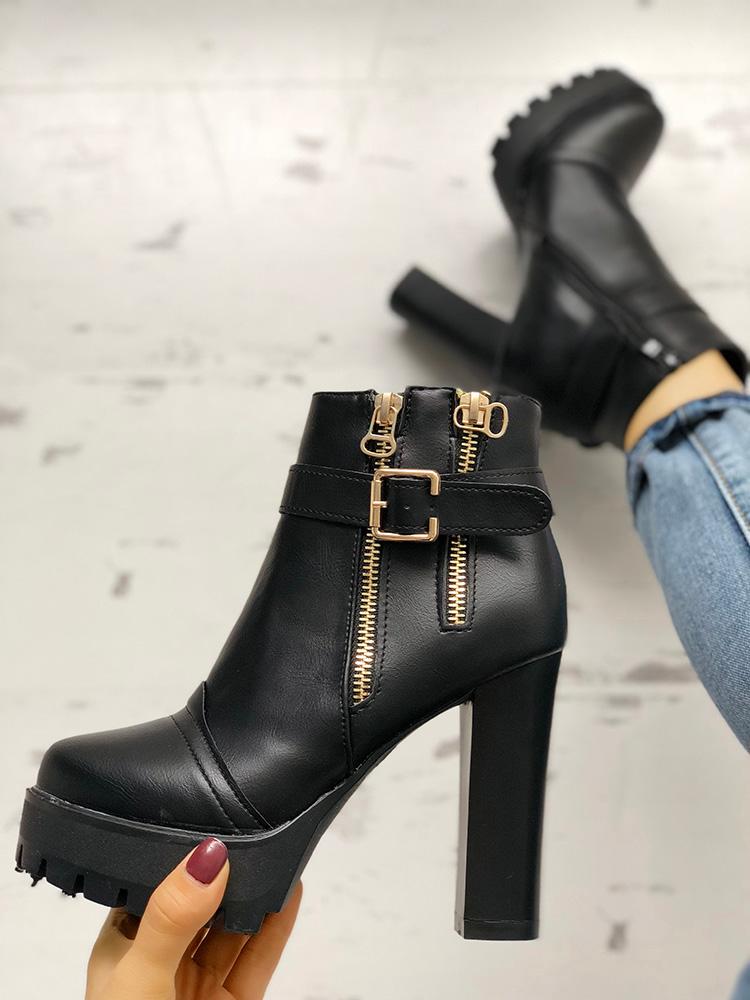 

Zipper Design Buckle Platform Chunky Heeled Boots