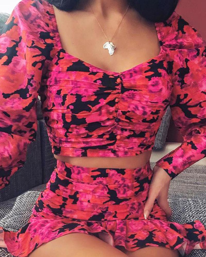 

Floral Print Two-Piece Set, Hot pink