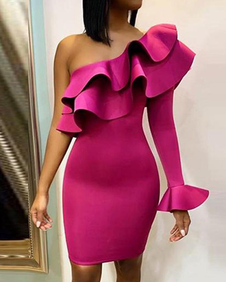 

One Shoulder Layered Ruffle Party Dress, Rose red