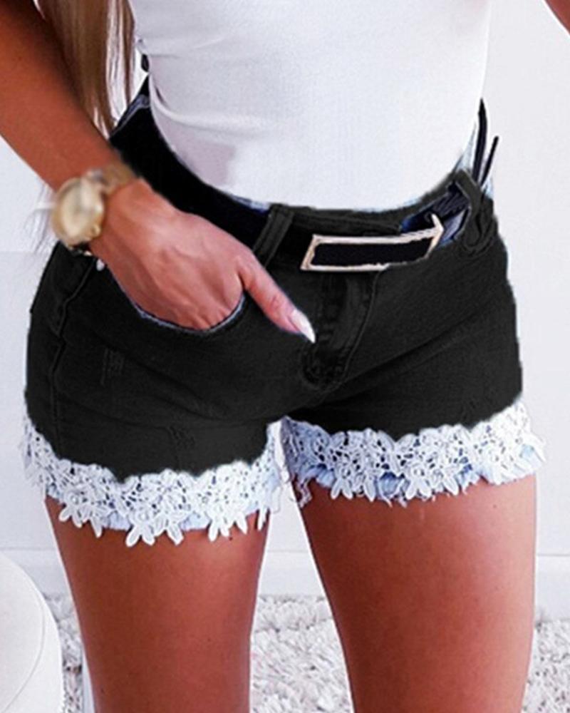 

Lace Trim Denim Shorts, Black