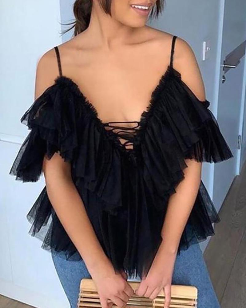 

Cold Shoulder Layered Mesh Blouse, Black