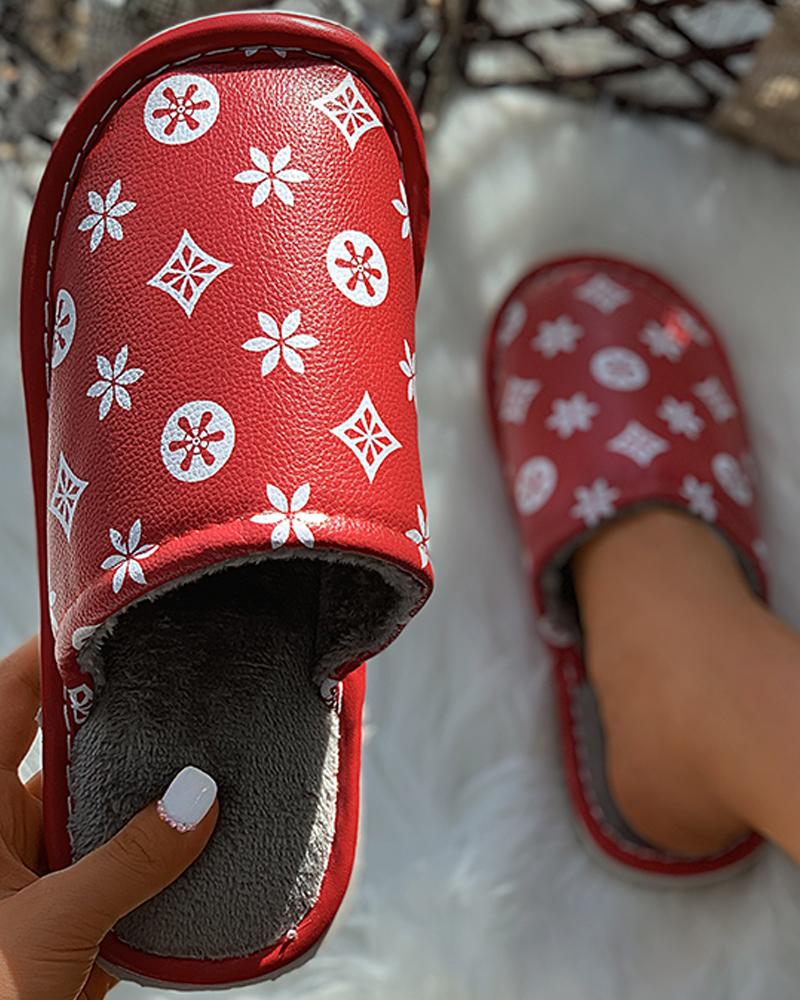 

Graphic Pattern Fluffy PU Slippers, Red