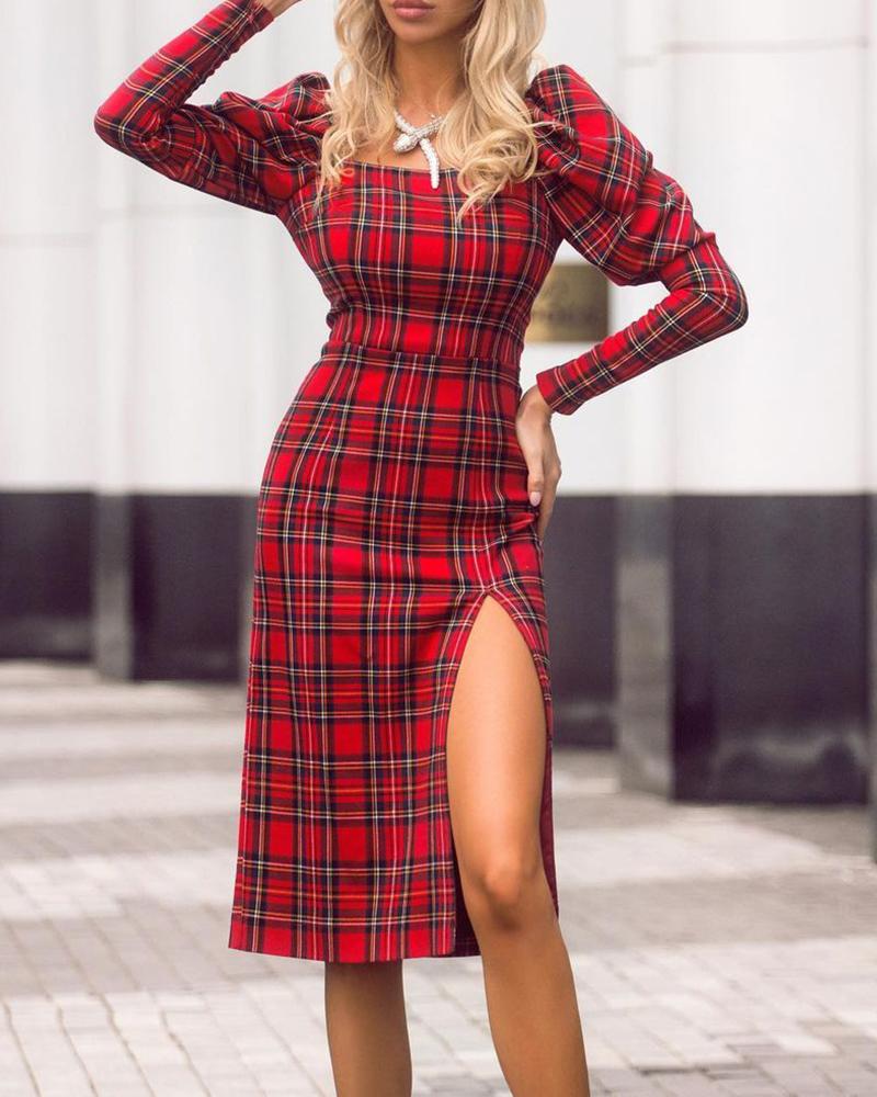 

Plaid Print Long Sleeve High Slit Dress, Red