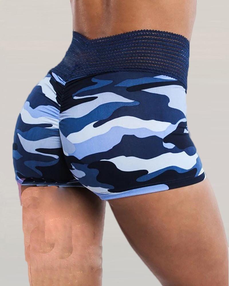 

High Waist Camouflage Print Ruched Shorts, Blue