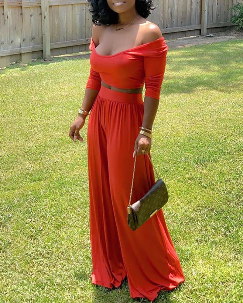 

Long Sleeve Crop Top & Wide Leg Pants Sets, Red